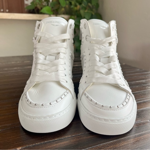 ZADIG & VOLTAIRE ZV1747 High Flash Studded Leather Sneakers in Off White NEW - Picture 7 of 14